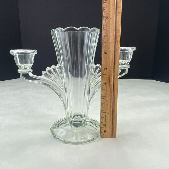 Vintage Jeannette Two Light Candle Holders Art Deco Vase Clear Glass - Picture 9 of 10